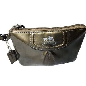 Coach Patent Leather Pleated Wristlet Clutch Purse Dark Bronze